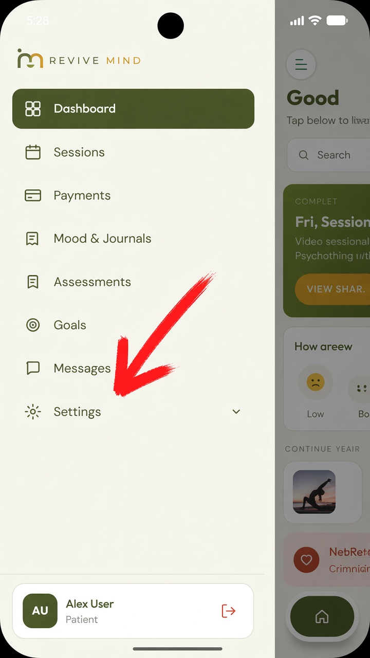 Revive Mind side menu with a red arrow pointing to Settings