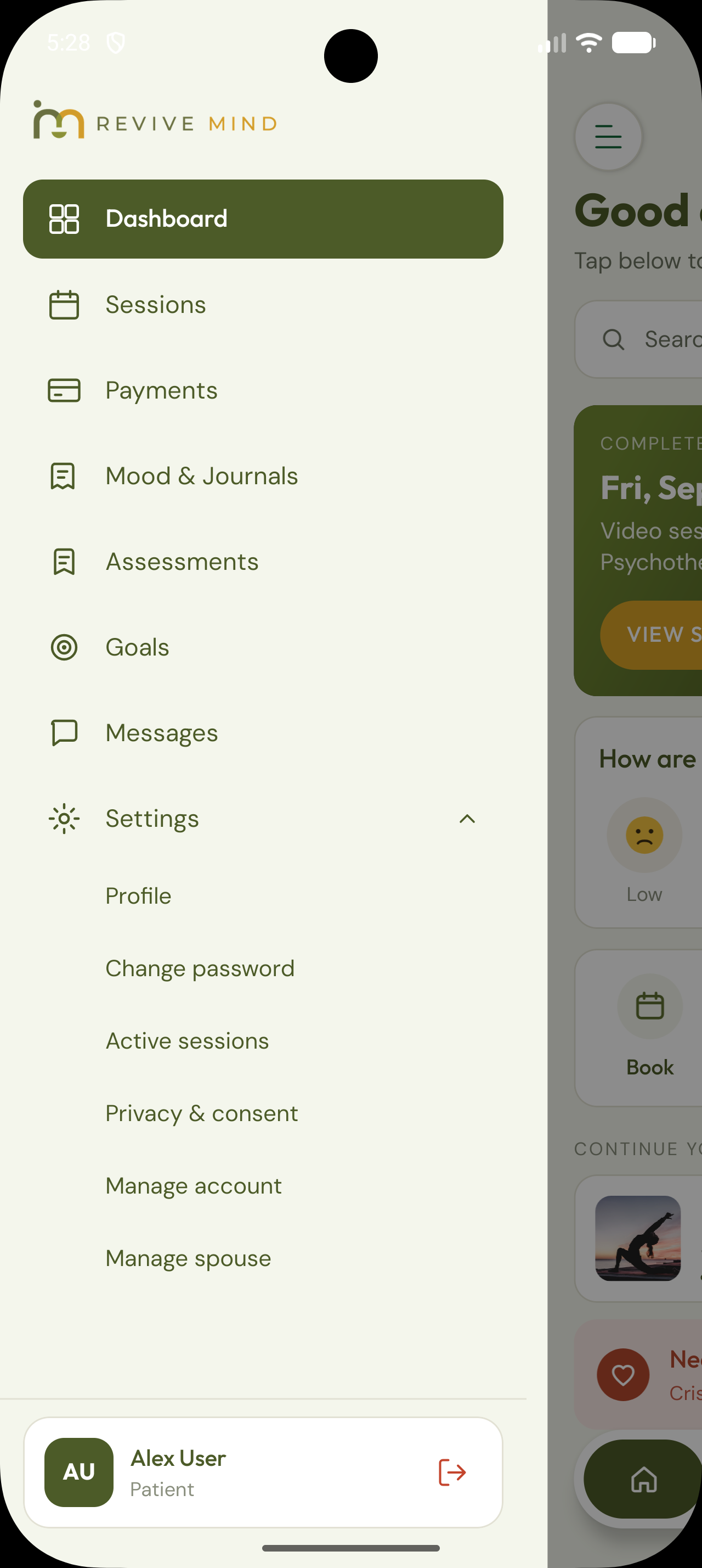 Settings submenu with Manage account highlighted by a red box and arrow