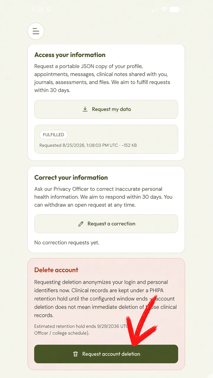 Manage account screen with a red arrow pointing to Request account deletion