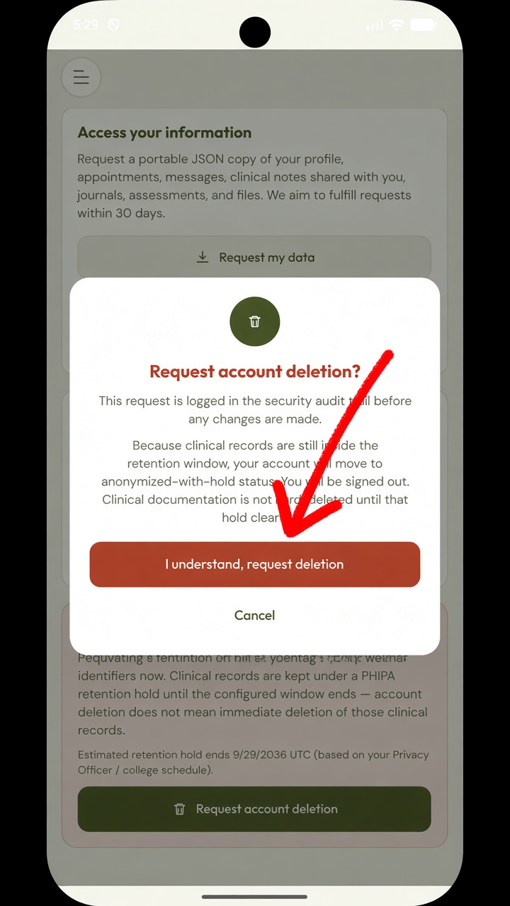 Confirmation dialog with a red arrow pointing to I understand, request deletion